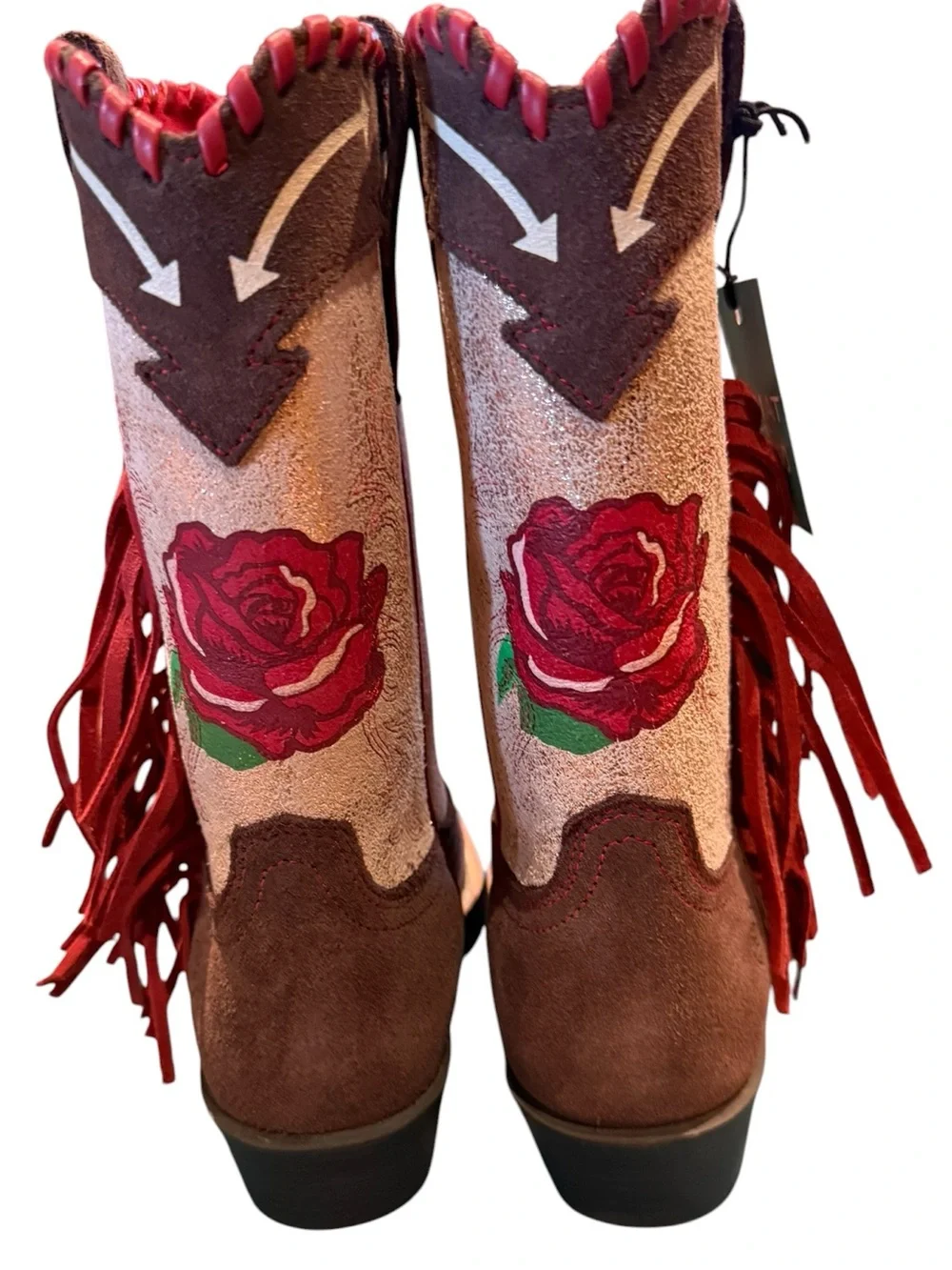 Ariat Futurity Fringe Brown & Cream Fringe Boots Red Rose Embroidery Girls Size2